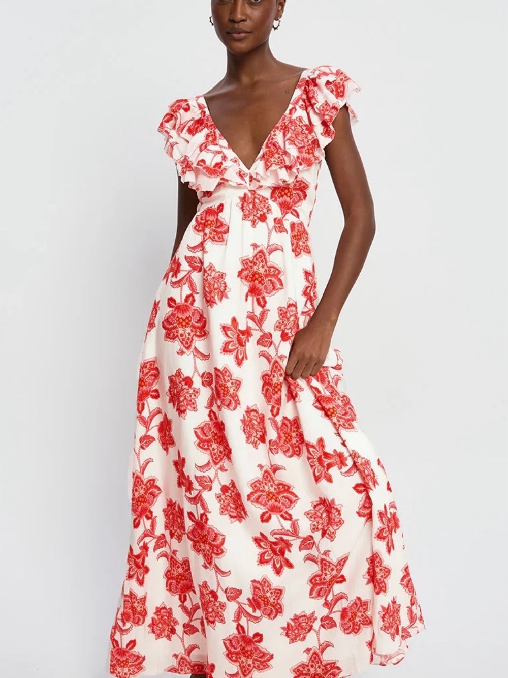 Kivari White Maxi Dress with Red Floral Ruffle V-Neck